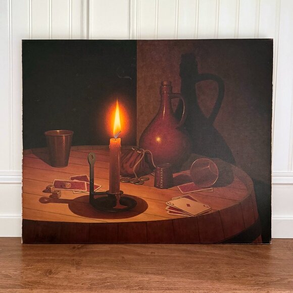 Moritz (Rudy) Rusche Candlelight Still Life Oil Painting - Cards & Coins - Picture 1 of 6